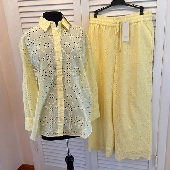 Calypso St. Barth Eyelet Set Women’s XL Yellow Button Shirt & Pants Lounge - Picture 1 of 10